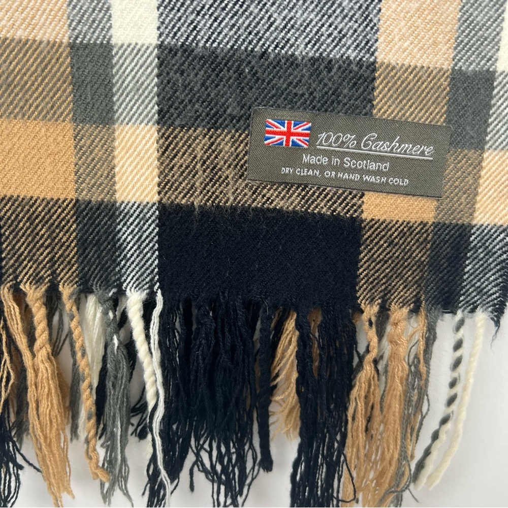 100% Cashmere Scarf Made in Scotland Tan Black and Cream Plaid 62” x 12”